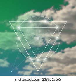 Sacred geometry spiritual new age futuristic illustration with transmutation interlocking circles, triangles and glowing particles