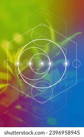 Sacred geometry spiritual new age futuristic illustration with transmutation interlocking circles, triangles and glowing particles