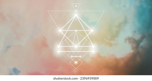 Sacred geometry spiritual new age futuristic illustration with transmutation interlocking circles, triangles and glowing particles