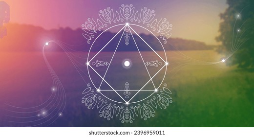 Heilige Geometrie spirituelle neue Zeitalter futuristische Illustration mit transmutationsübergreifenden Kreise, Dreiecken und leuchtenden Teilchen