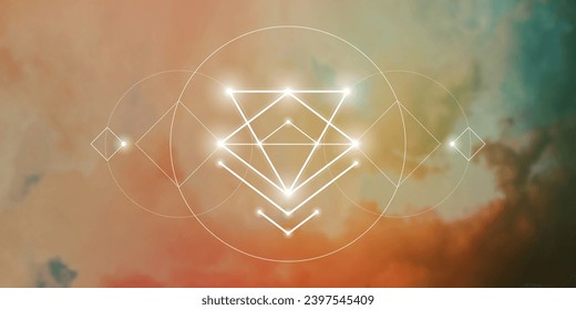 Sacred geometry spiritual new age futuristic illustration with transmutation interlocking circles, triangles and glowing particles