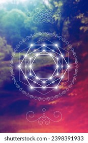 Sacred geometry spiritual new age futuristic illustration with transmutation interlocking circles, triangles and glowing particles