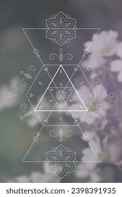 Sacred geometry spiritual new age futuristic illustration with transmutation interlocking circles, triangles and glowing particles