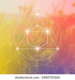 Sacred geometry spiritual new age futuristic illustration with transmutation interlocking circles, triangles and glowing particles
