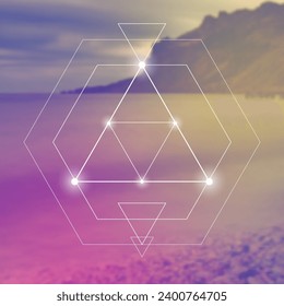 Sacred geometry spiritual new age futuristic illustration with transmutation interlocking circles, triangles and glowing particles