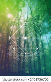 Sacred geometry spiritual new age futuristic illustration with transmutation interlocking circles, triangles and glowing particles