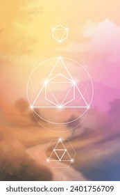 Sacred geometry spiritual new age futuristic illustration with transmutation interlocking circles, triangles and glowing particles