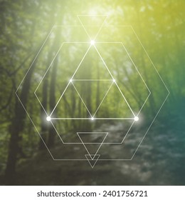 Géométrie sacrée illustration futuriste spirituelle du nouvel âge avec transmutation, cercles interdépendants, triangles et particules éclatantes