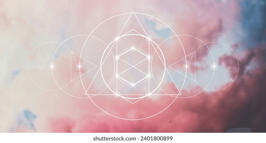 Sacred geometry spiritual new age futuristic illustration with transmutation interlocking circles, triangles and glowing particles