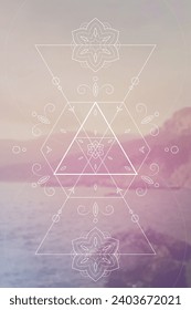 Sacred geometry spiritual new age futuristic illustration with transmutation interlocking circles, triangles and glowing particles
