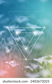 Sacred geometry spiritual new age futuristic illustration with transmutation interlocking circles, triangles and glowing particles