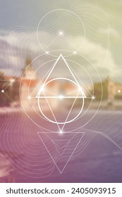 Sacred geometry spiritual new age futuristic illustration with transmutation interlocking circles, triangles and glowing particles