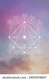 Sacred geometry spiritual new age futuristic illustration with transmutation interlocking circles, triangles and glowing particles