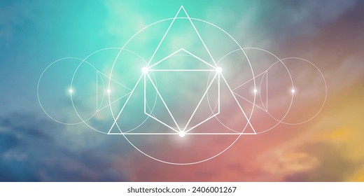 Sacred geometry spiritual new age futuristic illustration with transmutation interlocking circles, triangles and glowing particles