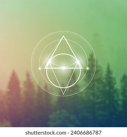 Géométrie sacrée illustration futuriste spirituelle du nouvel âge avec transmutation, cercles interdépendants, triangles et particules éclatantes