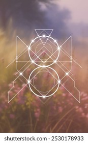 Sacred geometry spiritual symbol on natural background. Wiccan witchcraft geometric symbol.