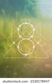 Sacred geometry spiritual symbol on natural background. Wiccan witchcraft geometric symbol.