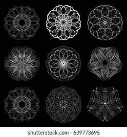 Sacred geometry. Spirograph and black background. Vector elements set. Digital watermark.