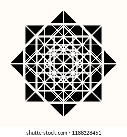 Sacred geometry. The star made of geometrical figures. Secret symbol of geometry. Six-pointed symbol. Labyrinth of illuminates. Black ethnic totemic geometric tattoo. Alchemy, astrology and spiritual.