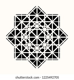 Sacred geometry. The star made of geometrical figures. Secret symbol of geometry. Eight-pointed star. Labyrinth of illuminates. Black ethnic totemic geometric tattoo. Alchemy, astrology, spiritual