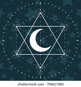 sacred geometry, the stars and the Moon. vector illustration. pattern sky with stars. white lines on a dark background.