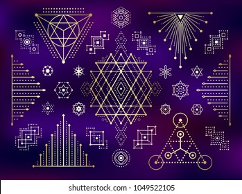 Sacred geometry style gold symbol set. Sacral geometric outline signs on gradient mesh background. Line art golden elements. EPS 10 linear design vector illustration.