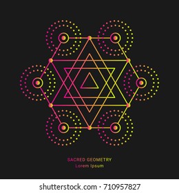 Sacred geometry style symbol. Sacral geometric outline sign. Line art gradient colorful elements. EPS 10 linear  graphic design vector illustration.