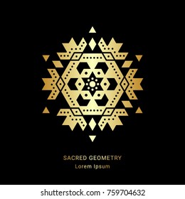 Sacred geometry style symbol. Sacral geometric sign. Metallic golden element. EPS 10 design vector illustration.
