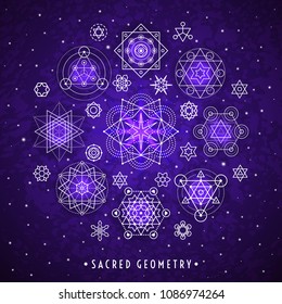 Sacred geometry style symbol set. Round composition. Sacral geometric outline signs on the violet galaxy watercolor texture vector background. Line art elements. EPS 10 linear design illustration