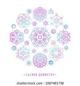 Sacred geometry style symbol set. Round composition of colorful gradient sacral geometric outline signs on the white background. Line art elements. EPS 10 linear design vector illustration.