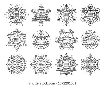 Sacred geometry style symbol set. Sacral geometric outline signs isolated on the white background. Line art occult design elements. Esoteric emblem concept. EPS 10 vector linear illustration.