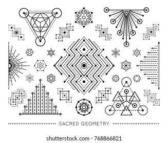 Sacred Geometry Style Symbol Set. Sacral Geometric Outline Signs Isolated On The White Background. Line Art Elements. Editable Stroke. Paths Are Not Expanded. EPS 10 Linear Design Vector Illustration.