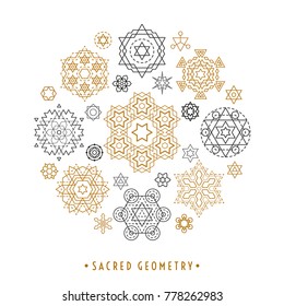 Sacred geometry style symbol set. Round composition of gold and silver sacral geometric outline signs isolated on the white background. Line art elements. EPS 10 linear design vector illustration.