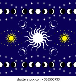 Sacred Geometry. Sun and moon. Seamless pattern. Concept of magic science astrology