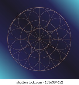 Sacred geometry symbol. Alchemy, religion, philosophy, astrology and spirituality themes. Vector illustration on dark blue background for posters, websites, engraving and much more.