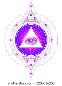 Sacred geometry symbol with all seeing eye isolated on white. Mystic, alchemy, occult concept. Design for indie music album cover, t-shirt print, boho poster, flyer. Astrology, shamanism, religion.