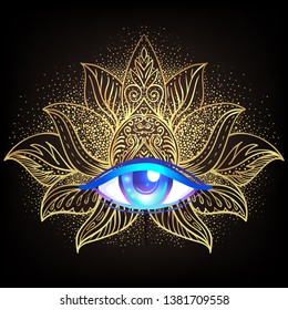 Sacred geometry symbol with all seeing eye over in gold. Mystic, alchemy, occult concept. Design for indie music cover, t-shirt print, psychedelic poster, flyer. Astrology, esoteric, religion. 