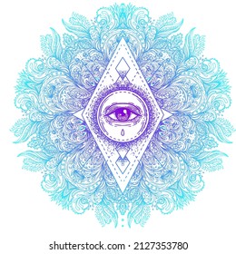 Símbolo sagrado de geometría con todos los ojos visibles en colores ácidos. Místico, alquimia, concepto oculto. Diseño para portada de música indie, estampado de camisetas, afiche psicodélico, volante. Astrología, esotérica, religión. 