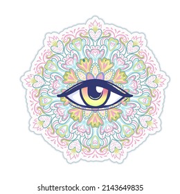 Sacred geometry symbol with all seeing eye in acid colors. Mystic, alchemy, occult concept. Design for indie music cover, t-shirt print, psychedelic poster, flyer. Astrology, esoteric, religion. 