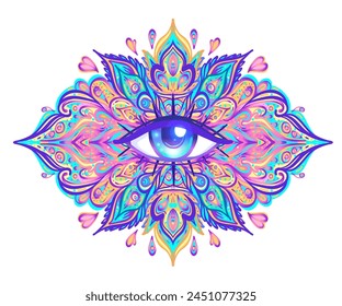 Symbol der Heiligen Geometrie mit dem ganzen Auge in Säurefarben. Mystisch, Alchemie, okkultes Konzept. Design für Indie-Musikcover, T-Shirt-Print, psychedelisches Poster, Flyer.