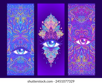 Sacred geometry symbol with all seeing eye over in acid colors. Mystic, alchemy, occult concept. Design for indie music cover, t-shirt print, psychedelic poster, flyer.