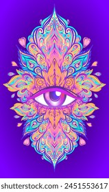 Sacred geometry symbol with all seeing eye over in acid colors. Mystic, alchemy, occult concept. Design for indie music cover, t-shirt print, psychedelic poster, flyer.