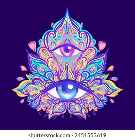 Sacred geometry symbol with all seeing eye over in acid colors. Mystic, alchemy, occult concept. Design for indie music cover, t-shirt print, psychedelic poster, flyer.