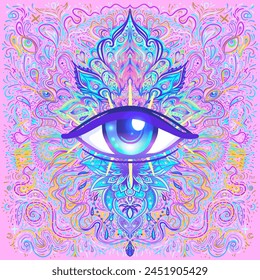 Símbolo de geometría sagrada con todos los ojos que se ven en colores ácidos. Mística, alquimia, concepto oculto. Diseño de portada de música indie, estampado de camiseta, póster psicodélico, flyer.