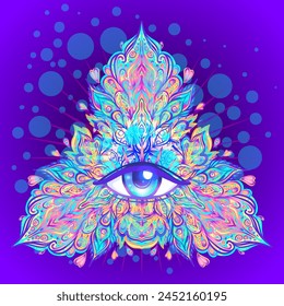 Symbol der Heiligen Geometrie mit dem ganzen Auge in Säurefarben. Mystisch, Alchemie, okkultes Konzept. Design für Indie-Musikcover, T-Shirt-Print, psychedelisches Poster, Flyer.