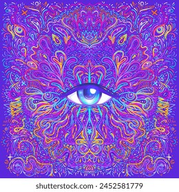 Sacred geometry symbol with all seeing eye over in acid colors. Mystic, alchemy, occult concept. Design for indie music cover, t-shirt print, psychedelic poster, flyer.