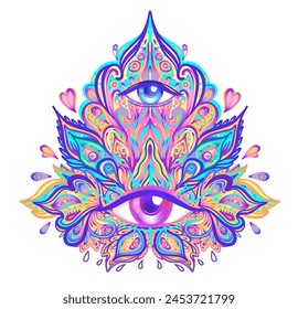 Símbolo de geometría sagrada con todos los ojos que se ven en colores ácidos. Mística, alquimia, concepto oculto. Diseño de portada de música indie, estampado de camiseta, póster psicodélico, flyer.