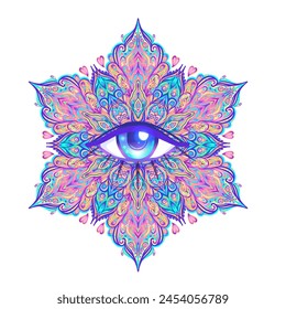 Sacred geometry symbol with all seeing eye over in acid colors. Mystic, alchemy, occult concept. Design for indie music cover, t-shirt print, psychedelic poster, flyer. Astrology, esoteric, religion.