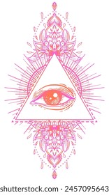 Símbolo de geometría sagrada con todos los ojos que se ven en colores ácidos. Mística, alquimia, concepto oculto. Diseño de portada de música indie, estampado de camiseta, póster psicodélico, flyer.