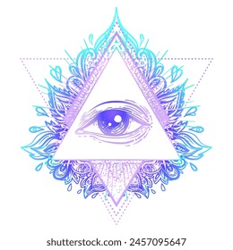 Símbolo de geometría sagrada con todos los ojos que se ven en colores ácidos. Mística, alquimia, concepto oculto. Diseño de portada de música indie, estampado de camiseta, póster psicodélico, flyer.
